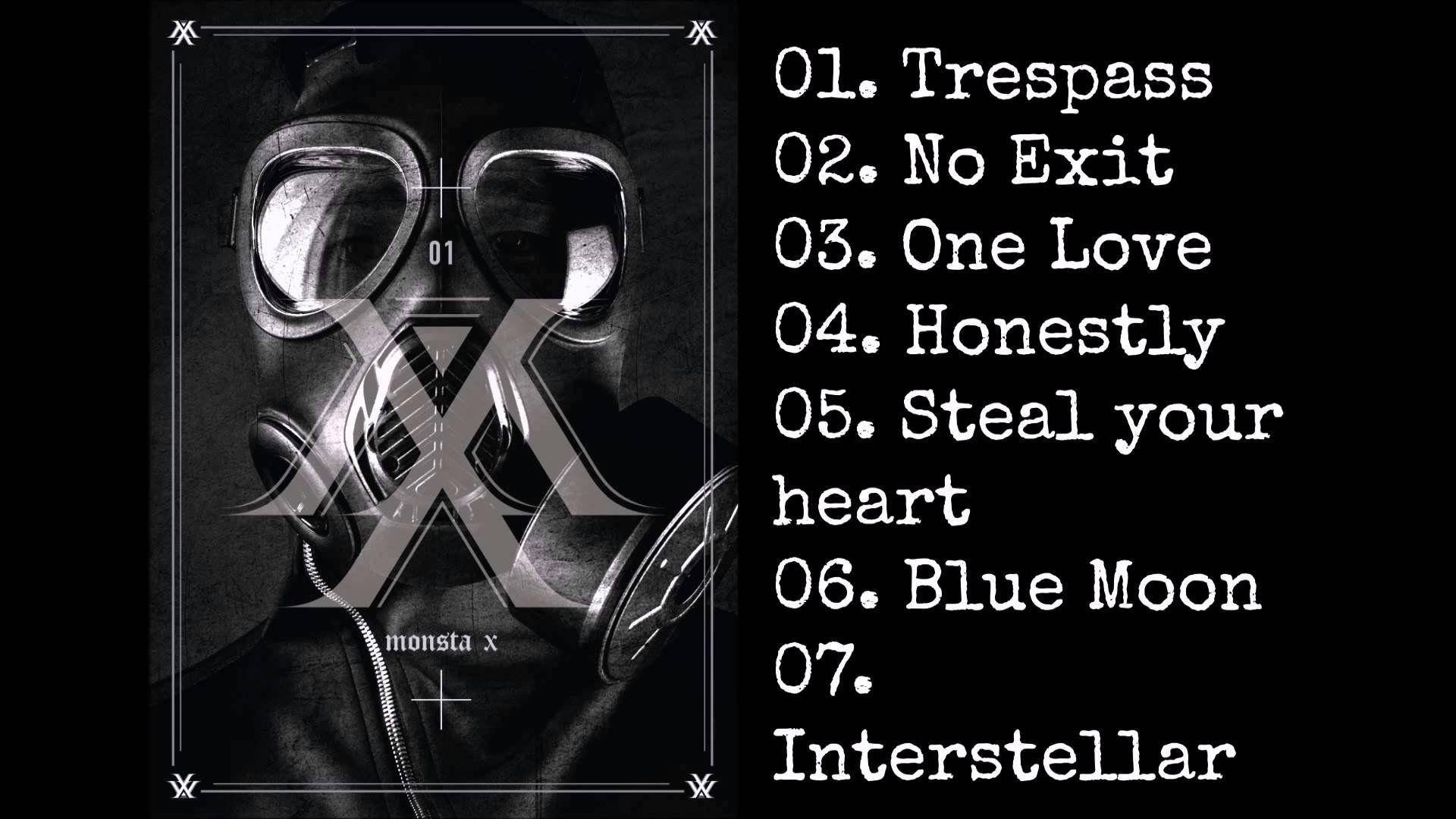 Monsta X Trespass 專輯曲目表 壁紙 — 一個人戴著防毒面具，上面疊加了一個大X標誌，旁邊是黑色背景上的曲目列表。