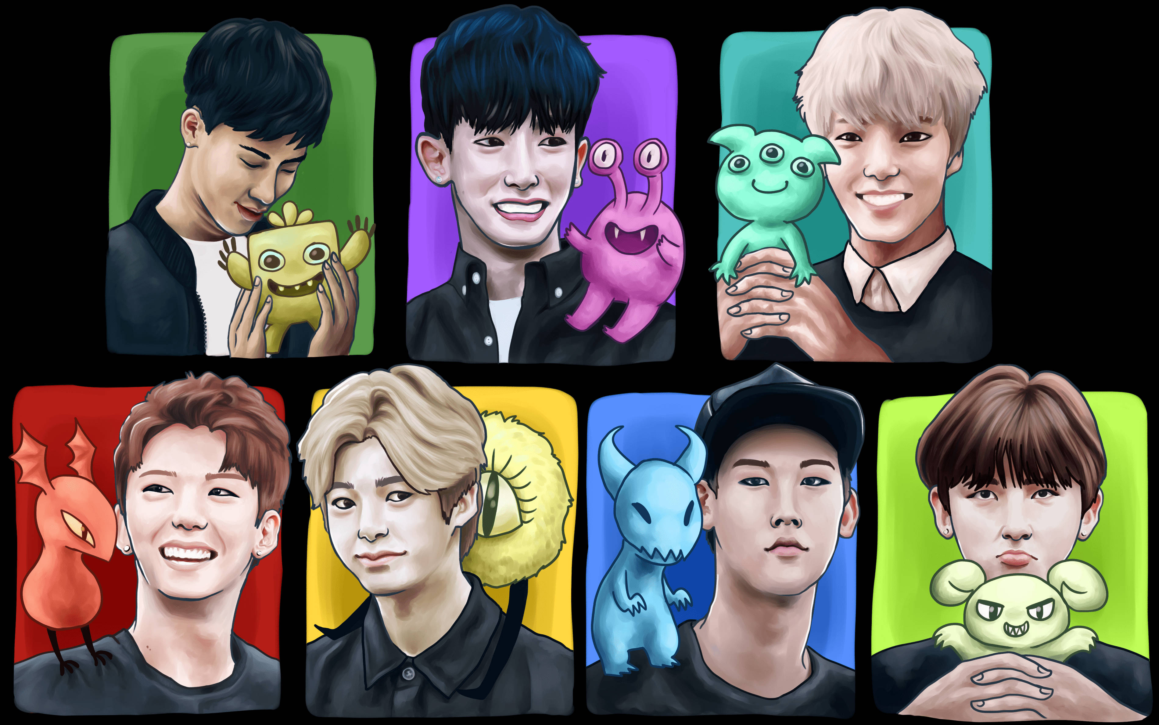 Monsta X 怪物角色 壁紙 — 六個插圖化的K-pop偶像，每個都拿著一個色彩繽紛的卡通怪物，背景是鮮豔的顏色。