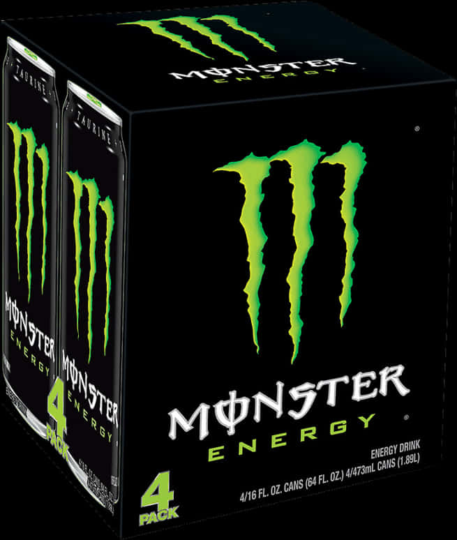 Monster Energy 4入罐裝 壁紙 — 一個黑色四罐裝的Monster Energy飲品盒，帶有發光的綠色標誌，罐子在深色背景下可見。