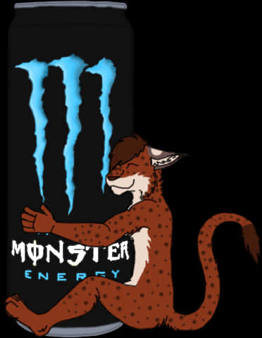 動畫獵豹 Monster Energy 飲料 壁紙 — 一隻卡通獵豹在黑暗背景中擁抱一個帶有發光藍色標誌的黑色Monster Energy罐。