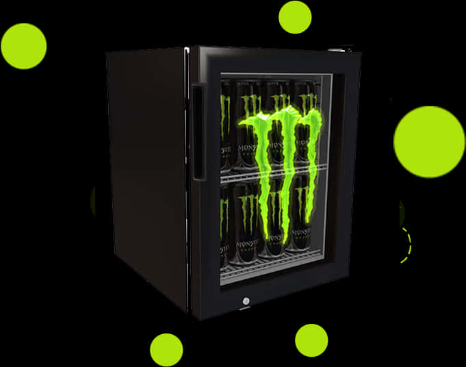 Monster Energy 飲料冰箱 壁紙 — 一個黑色迷你雪櫃，裝滿了在黑暗背景下發出螢光綠色光芒的Monster Energy飲料。
