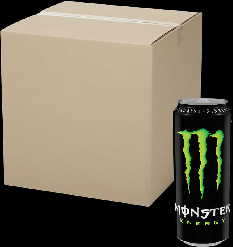 Monster Energy 飲料罐與紙箱 壁紙 — 一個帶有發光綠色標誌的黑色Monster Energy罐，旁邊放著一個普通紙箱，背景為黑色。