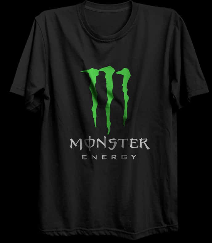 印有 Monster Energy 標誌的黑色 T 恤 壁紙 — 一件黑色T恤，上面有亮綠色Monster Energy標誌和銀色文字，背景為深色。