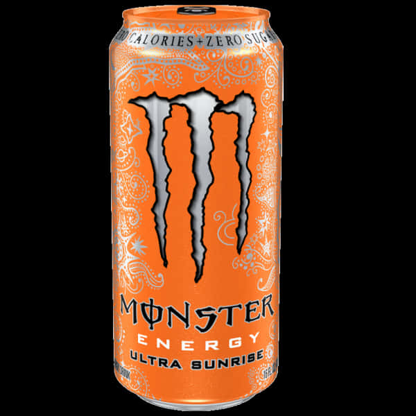 Monster Energy Ultra Sunrise 罐裝飲料 壁紙 — 一個鮮豔的橙色Monster Energy Ultra Sunrise罐，帶有銀色爪標誌和佩斯利圖案，背景為黑色。
