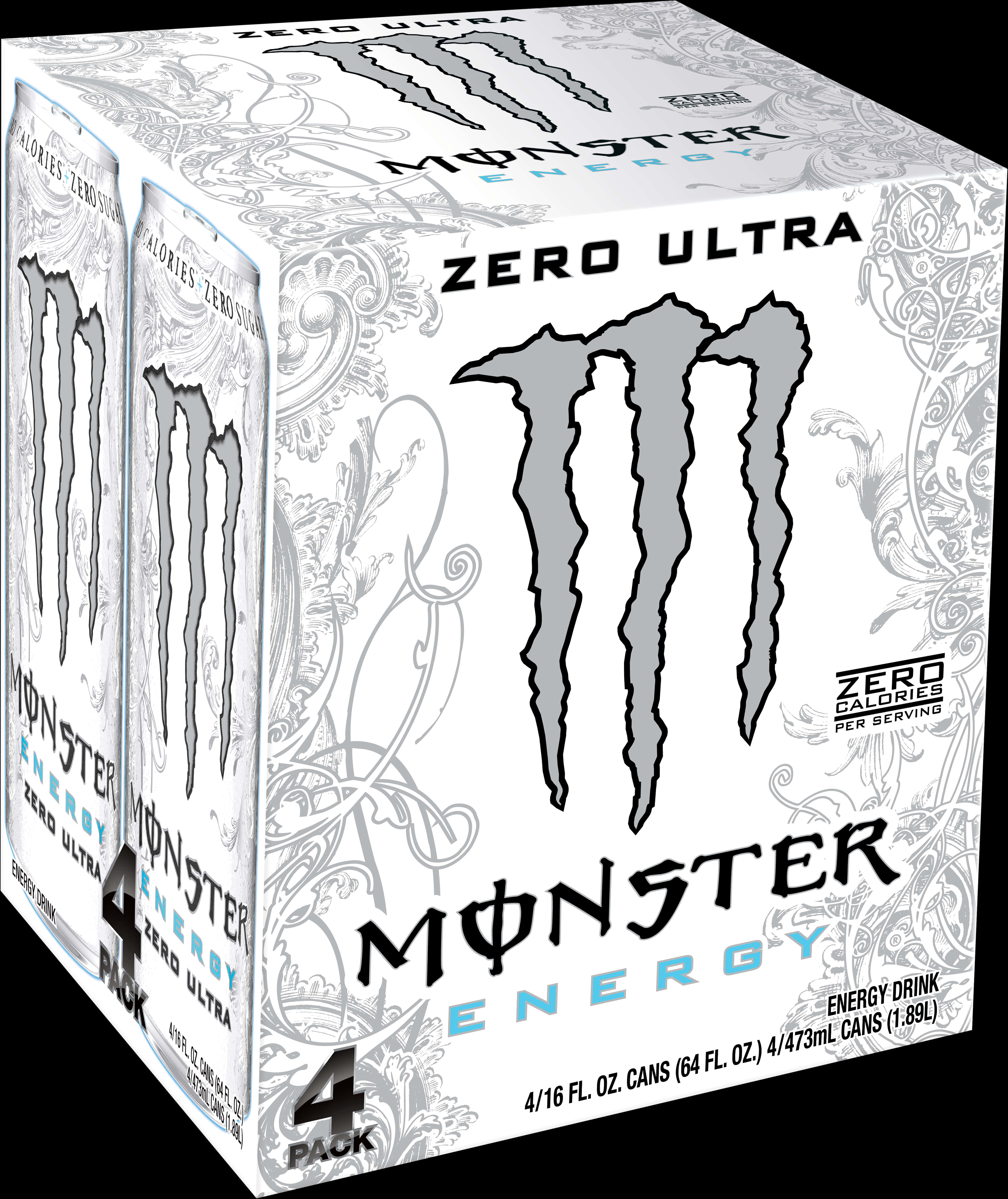 Monster Energy Zero Ultra 4入裝 壁紙 — 四罐裝Monster Energy Zero Ultra，放在一個帶有華麗銀色圖案和醒目品牌的白色盒子中。
