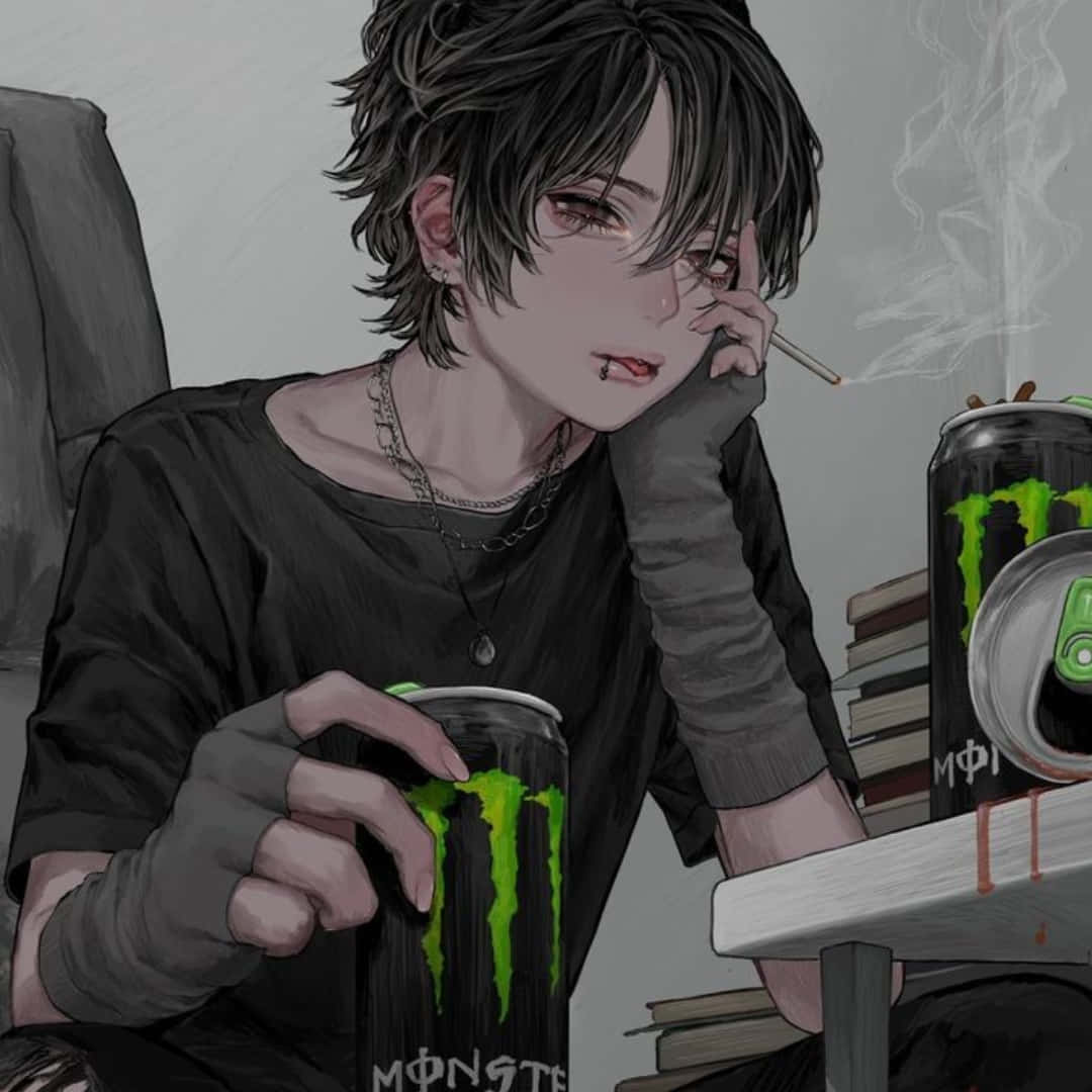 動漫青少年抽煙並在室內拿著Monster能量飲料罐。