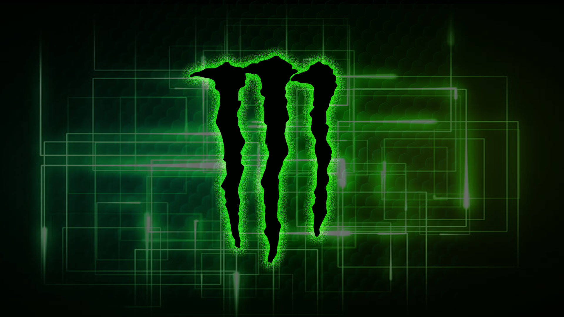 Monster Energy標誌配綠色燈光 壁紙 — 發光的綠色Monster Energy標誌在帶有霓虹線條的深色數位網格背景上脈動。