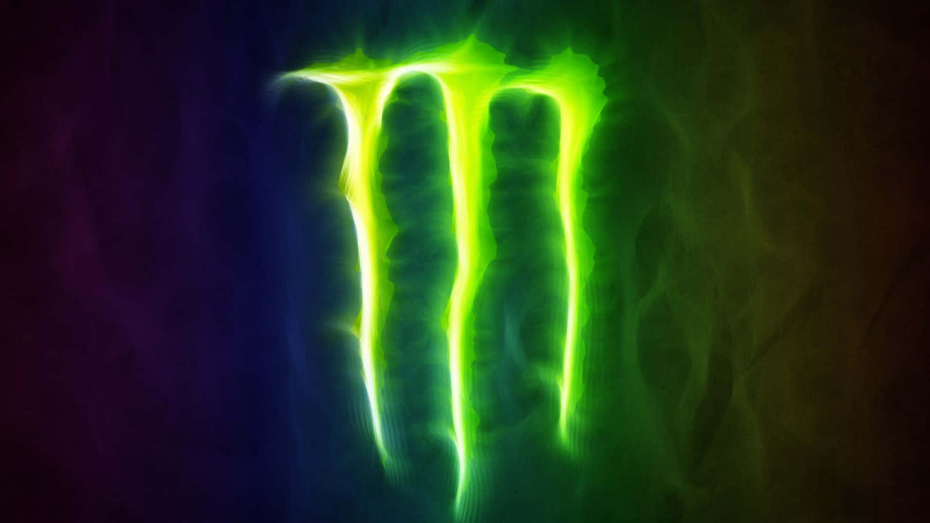 Monster Energy霓虹標誌 壁紙 — 一個發光的綠色爪形標誌在帶有紫色和藍色色調的黑暗煙霧背景中散發光芒。