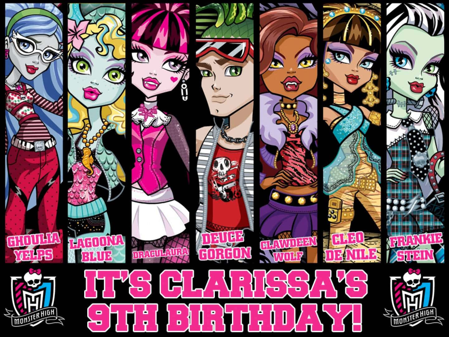 《Monster High》動畫系列角色 壁紙 — 七個Monster High角色身穿色彩繽紛的服裝並排站立，慶祝Clarissa的9歲生日，下方有粗體粉紅色文字。
