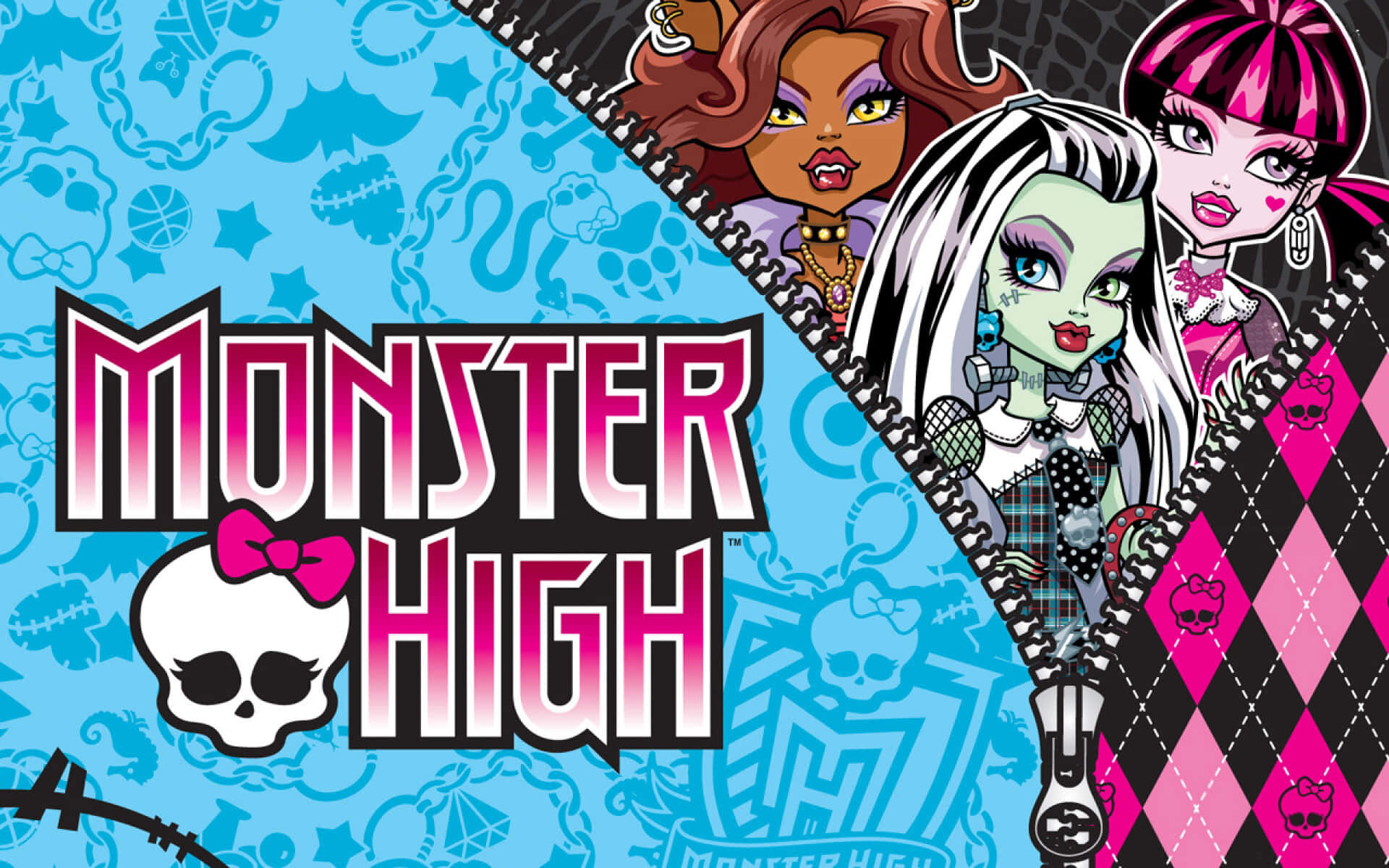 Monster High 桌布 壁紙 — Monster High 標誌，三個哥德式青少年角色從拉鍊中窺視，露出粉紅色和黑色圖案布料。