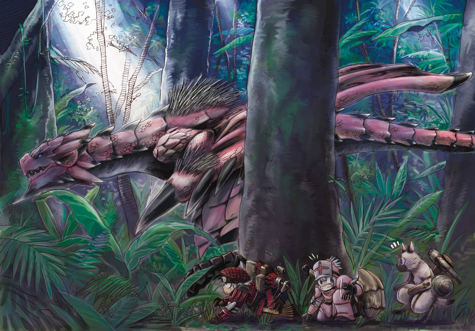 三名身穿盔甲的獵人蹲在叢林中，一隻巨大的粉紅色龍出現。