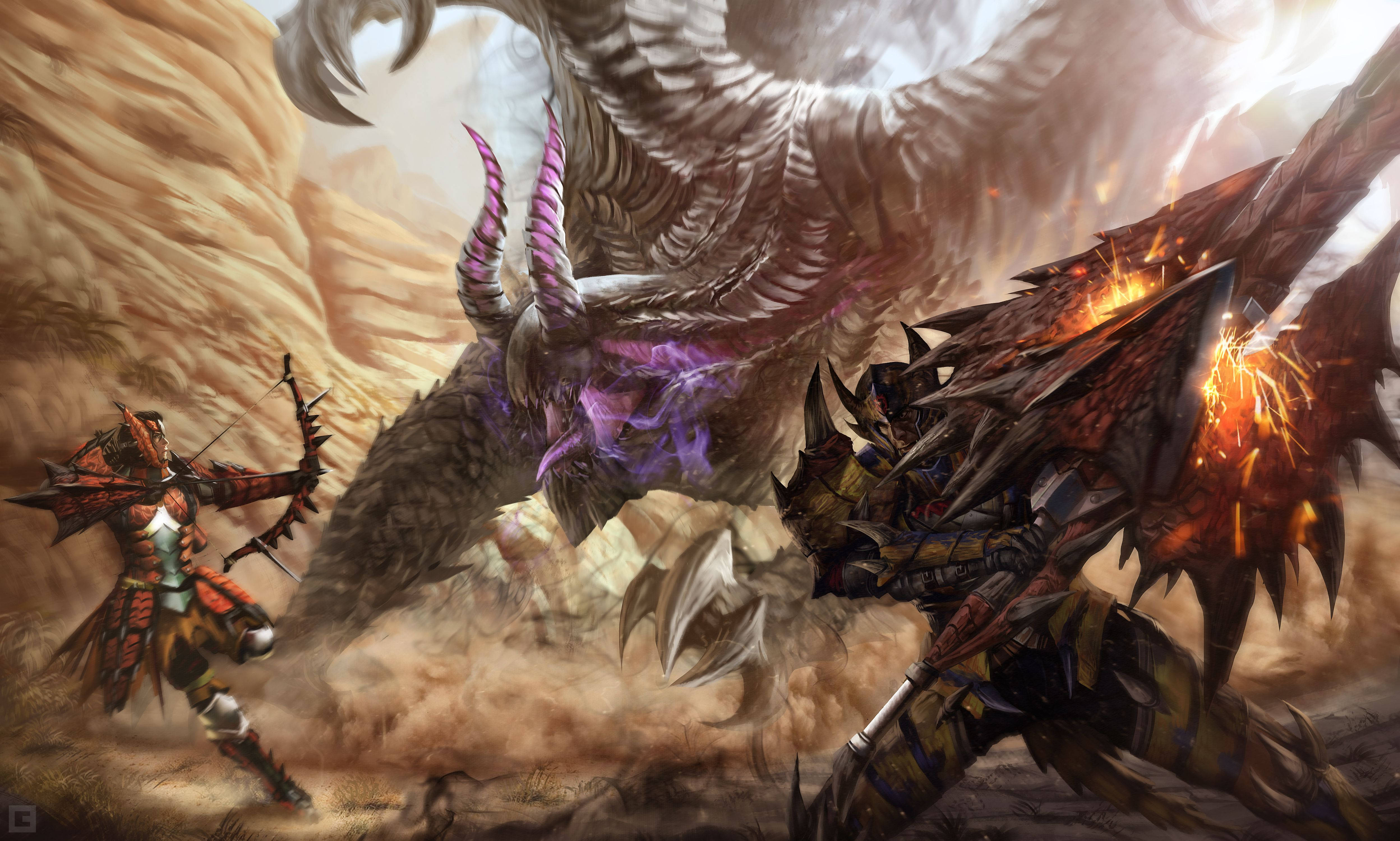 Monster Hunter 4K：弓箭手對戰巨獸 壁紙 — 兩名身穿盔甲的獵人在塵土飛揚的峽谷中與一隻擁有發光紫色角的巨大有翼怪物戰鬥。