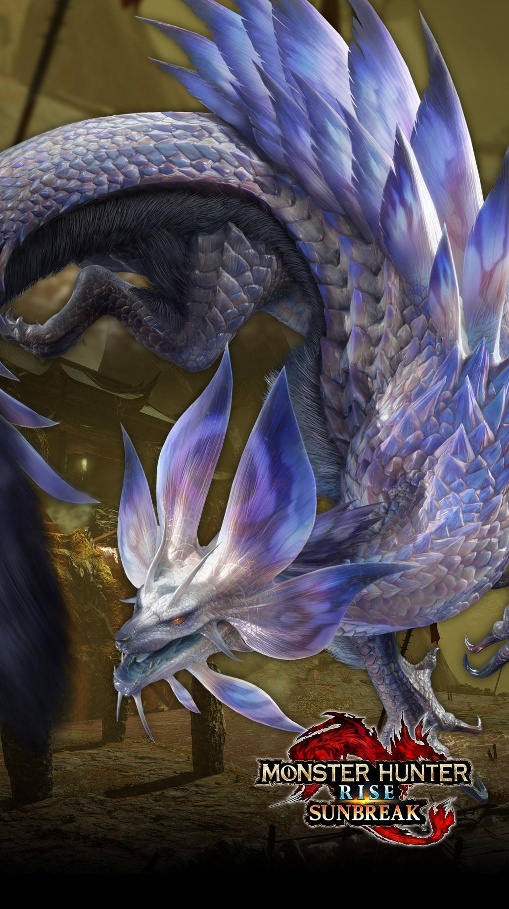 來自《魔物獵人崛起：破曉》地牢中的一隻擁有羽毛翅膀的紫色龍。