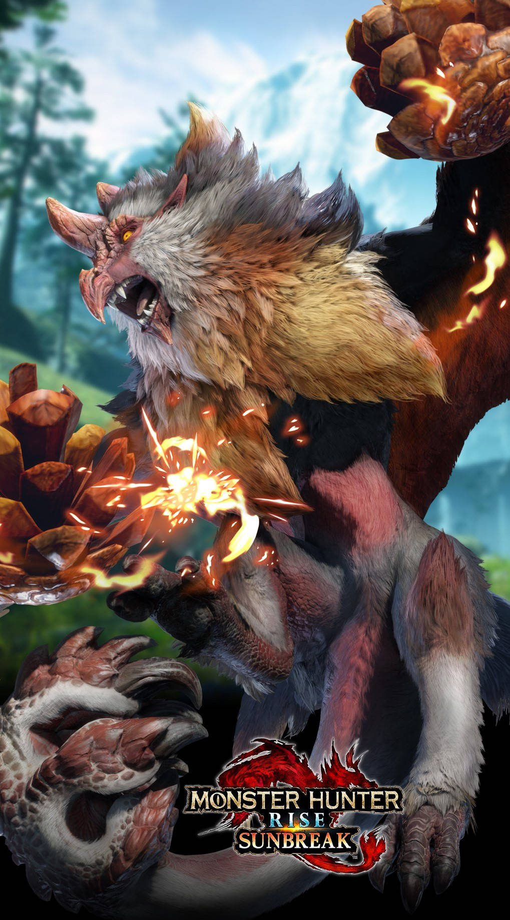 來自《魔物獵人 崛起：破曉》森林場景中砸碎松果的火焰怪物。