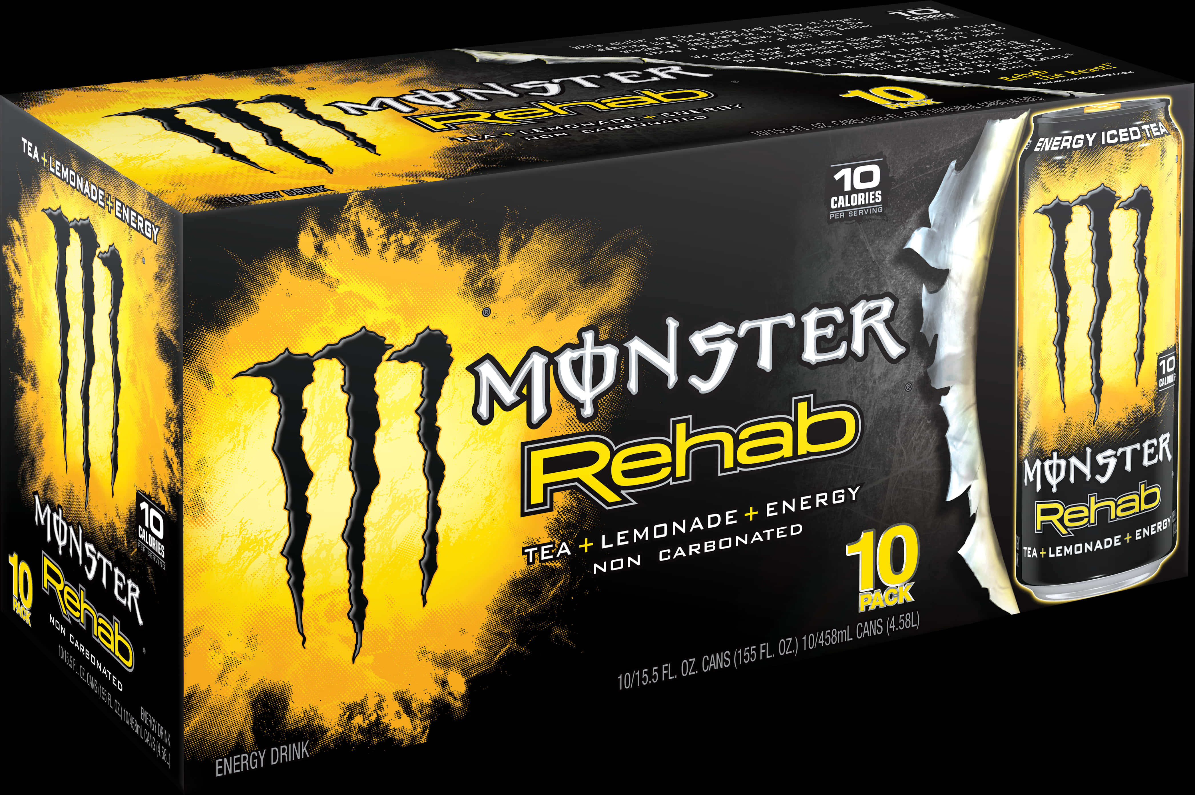Monster Rehab 能量飲料 10 包裝 壁紙 — 一個黑色和黃色的Monster Rehab能量飲品盒，罐子探出頭來，帶有醒目的爪痕和文字。