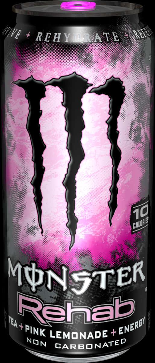 Monster Rehab 粉檸檬汽水罐 壁紙 — 一個充滿活力的粉紅色和黑色Monster Rehab能量飲料罐，帶有醒目的爪形標誌和描述其茶味粉紅檸檬水風味的文字。