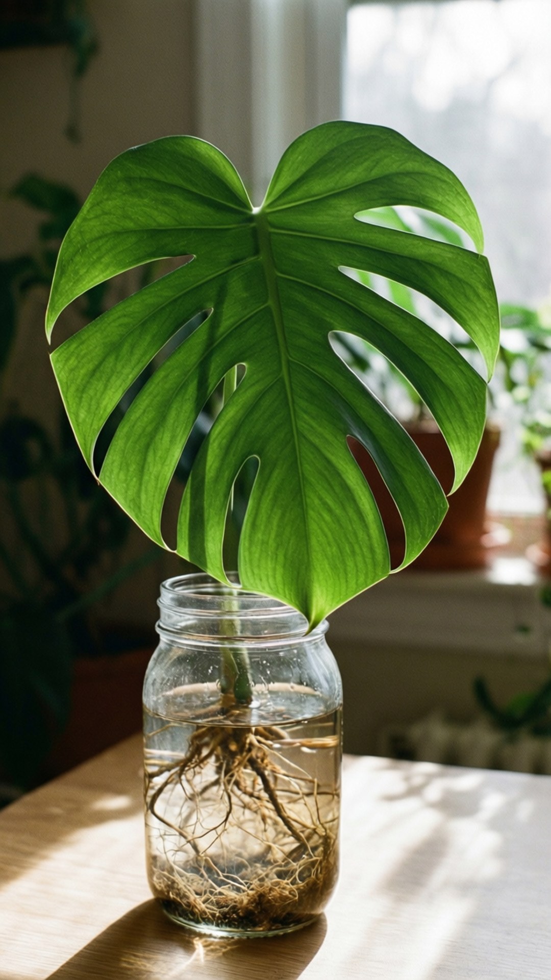 一株龜背竹植物，根部在玻璃罐中清晰可見，放在木桌上，處於明亮的陽光下。