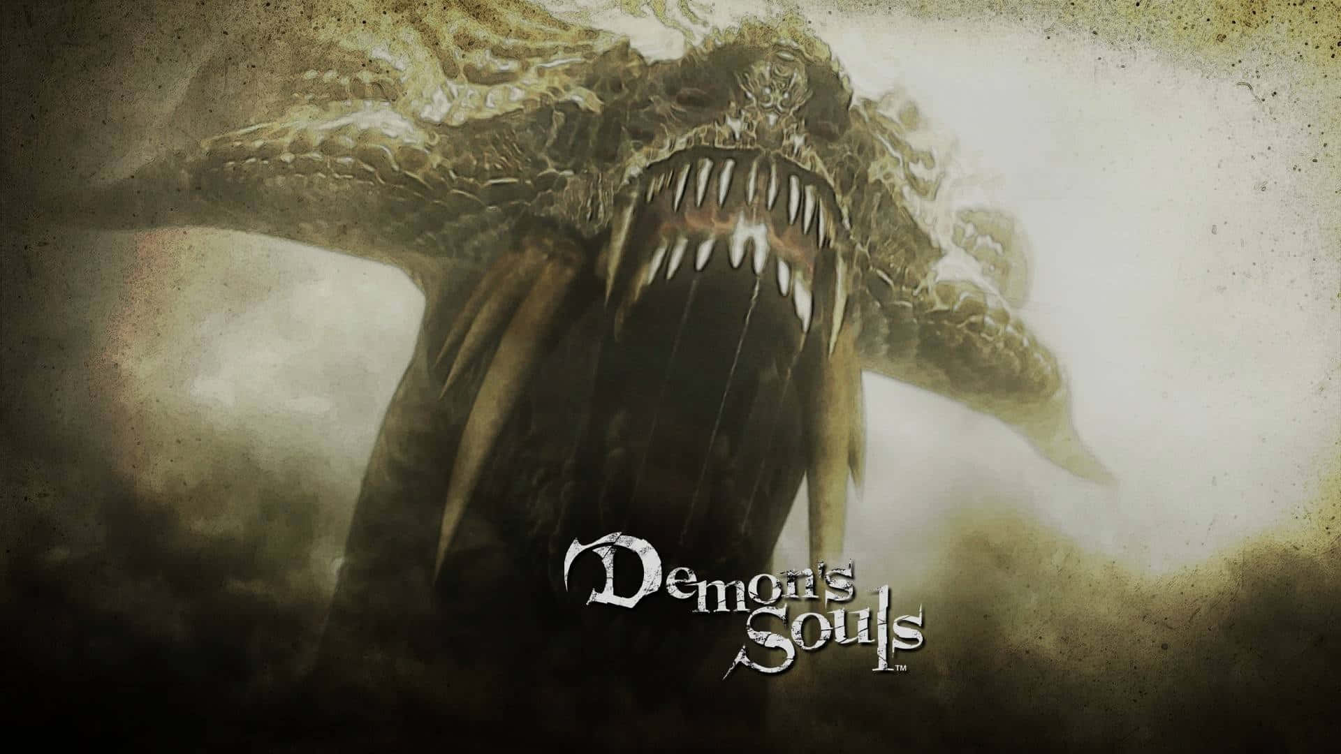  壁紙 — 一個擁有尖牙和紋理皮膚的 monstrous 惡魔生物，在朦朧的 sepia 色背景中威脅性地逼近。
