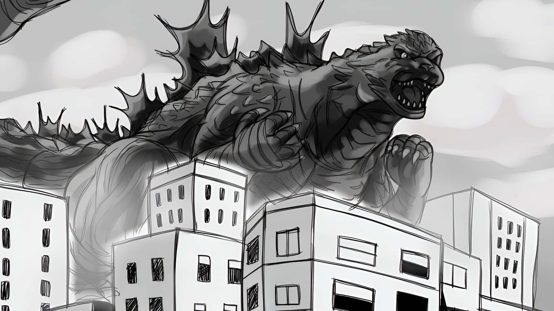  壁紙 — 一隻怪獸哥斯拉喺城市建築物頂部咆哮，係一幅戲劇性嘅黑白插圖。