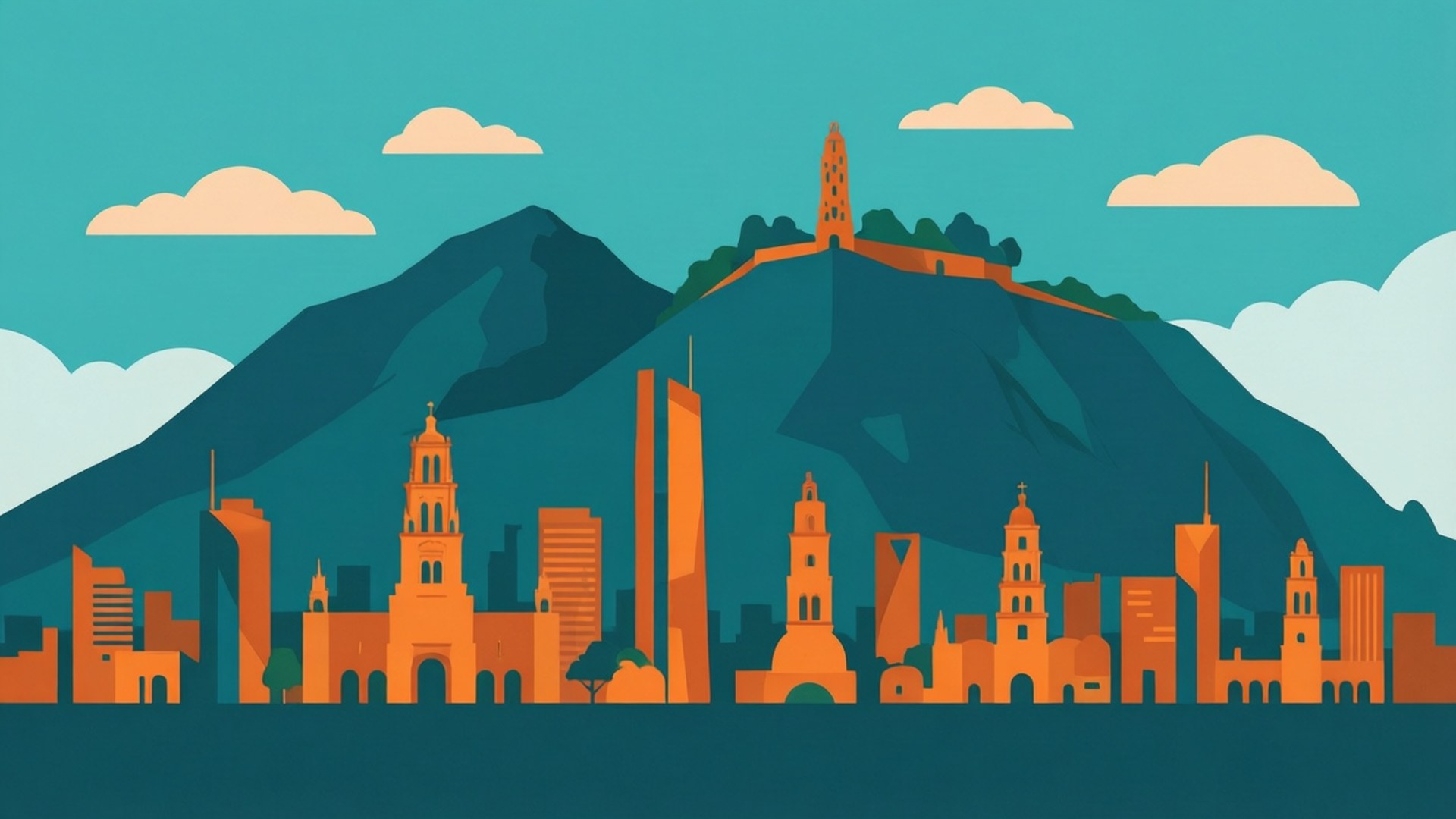 Monterrey Minimalist Vector 壁紙 — 風格化的城市景觀，橙色建築物和藍綠色山脈，天空中有柔和的雲朵。
