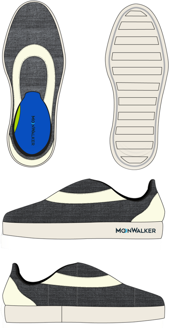 Monwalker 鞋款設計圖 壁紙 — 灰色和白色 MoonWalker 鞋的技術圖，顯示頂部、底部、側面和鞋底視圖，背景為黑色。