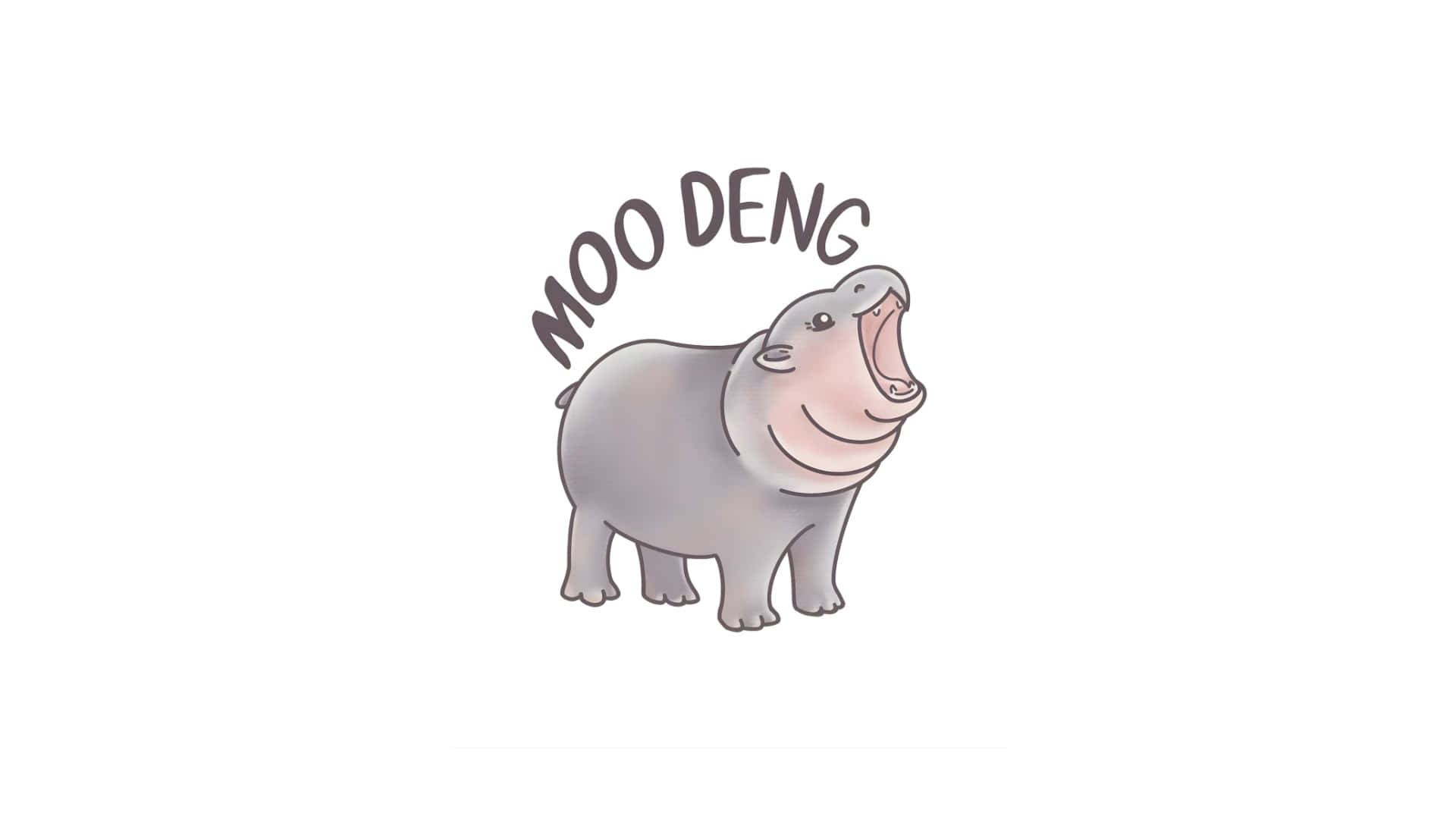 Moo Deng 標誌設計 壁紙 — 一隻可愛的卡通河馬，張大嘴巴，上方有 'MOO DENG' 文字，背景為純白色。