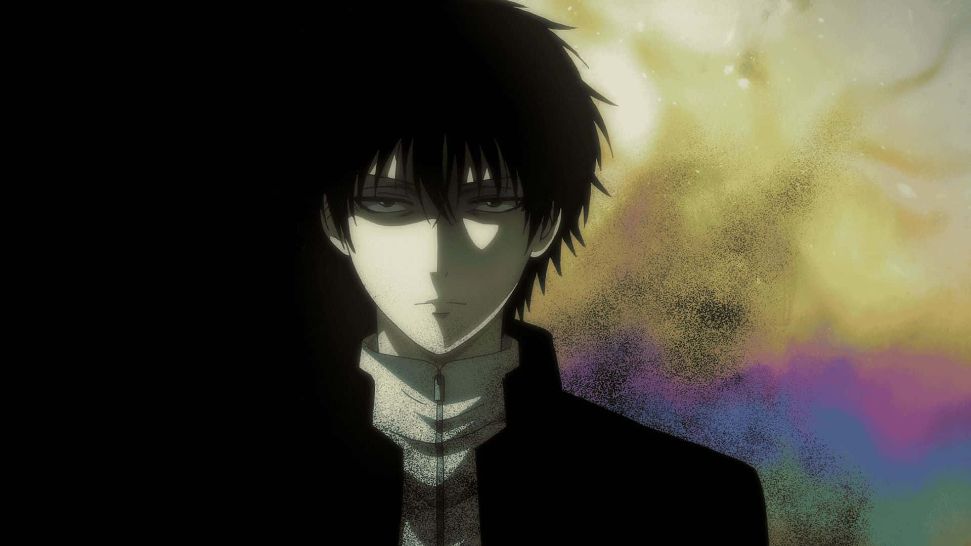 Yuuichi Katagiri 桌布 壁紙 — 一個陰鬱的動漫角色，深色頭髮和銳利的眼睛，站在陰影中，背景是鮮豔多彩的煙霧背景。