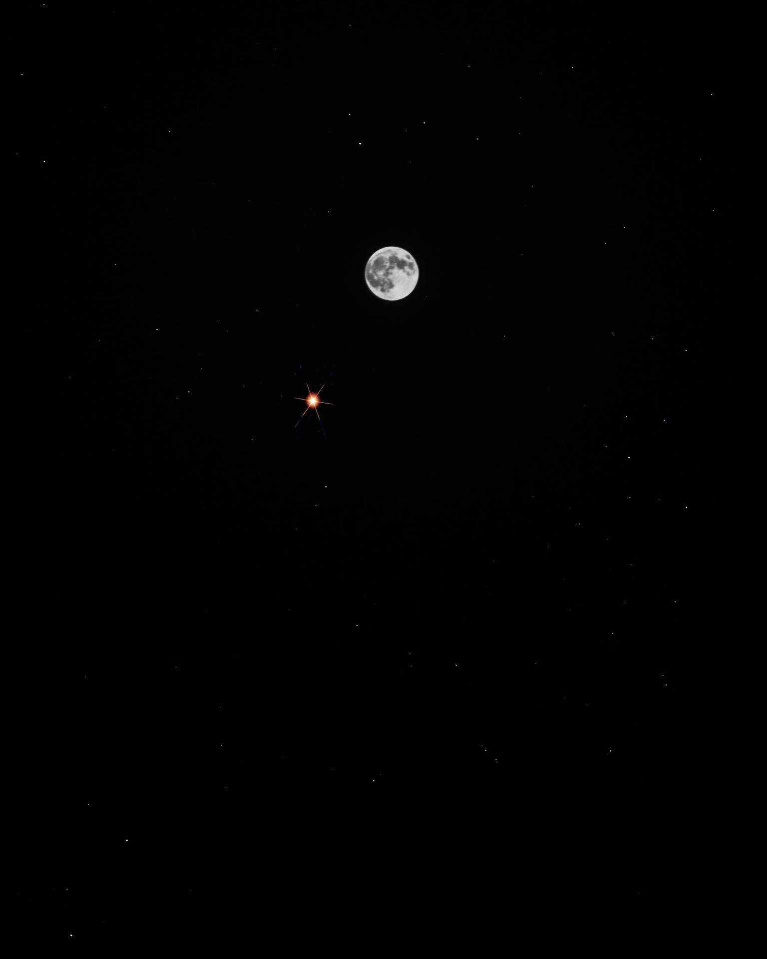 滿月在漆黑的午夜天空中。從下方仰望月亮。明亮的月光。