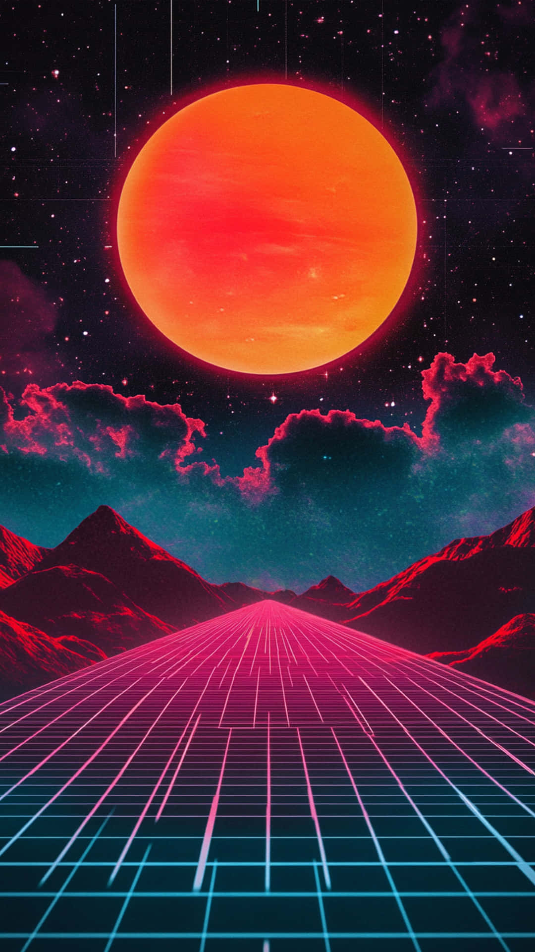 Moon Art with blue sky 壁紙 — 一條霓虹燈網格道路伸向一個發光的橙色星球，天空佈滿星星，帶有復古未來主義風格和粉紅色的雲彩。