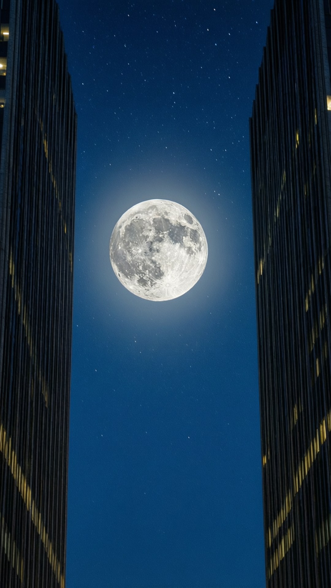 夜晚兩座高樓之間的滿月，星星可見