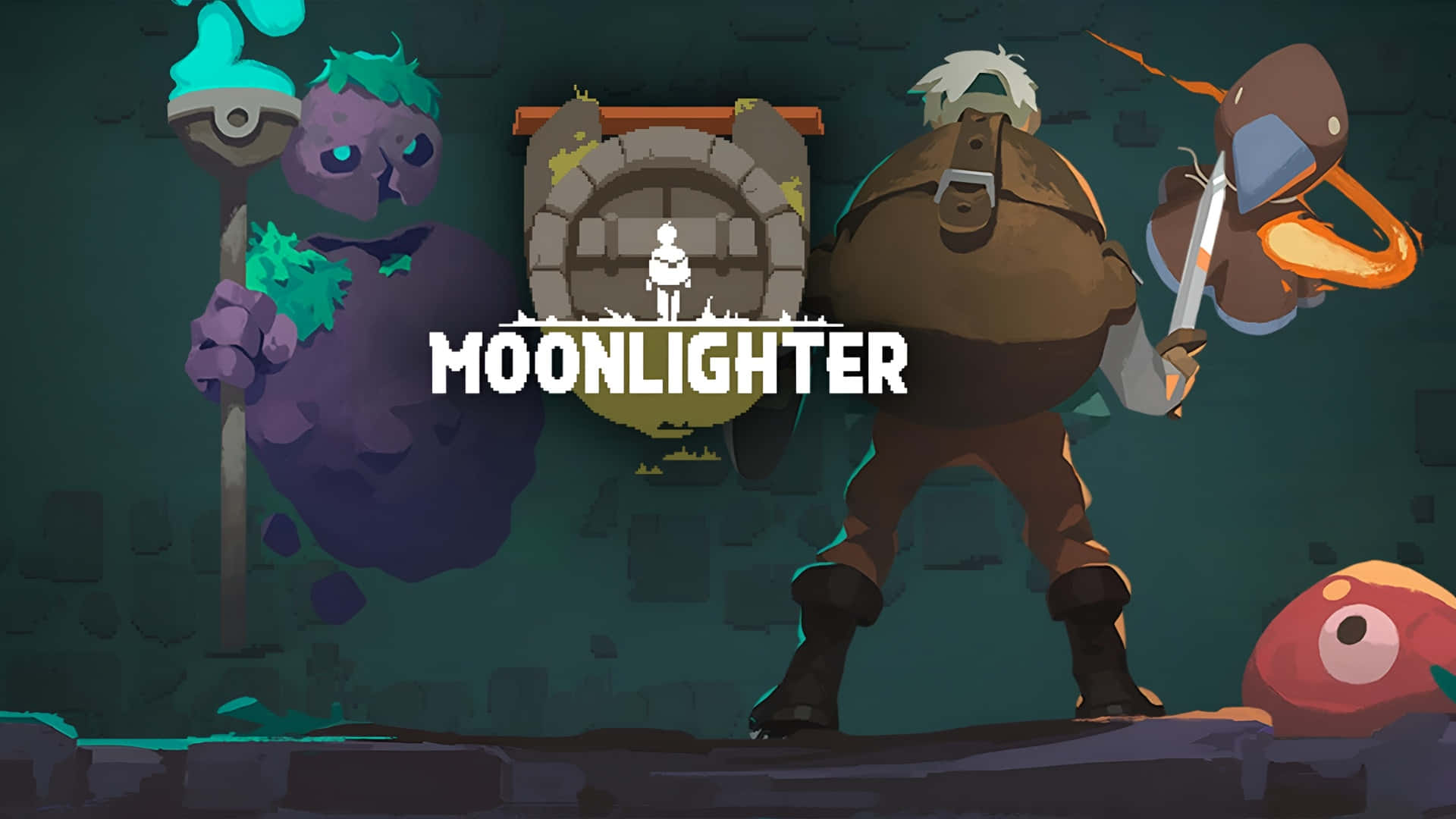  壁紙 — Moonlighter 的風格化遊戲標題畫面，展示戰士與怪物在黑暗地牢環境中。