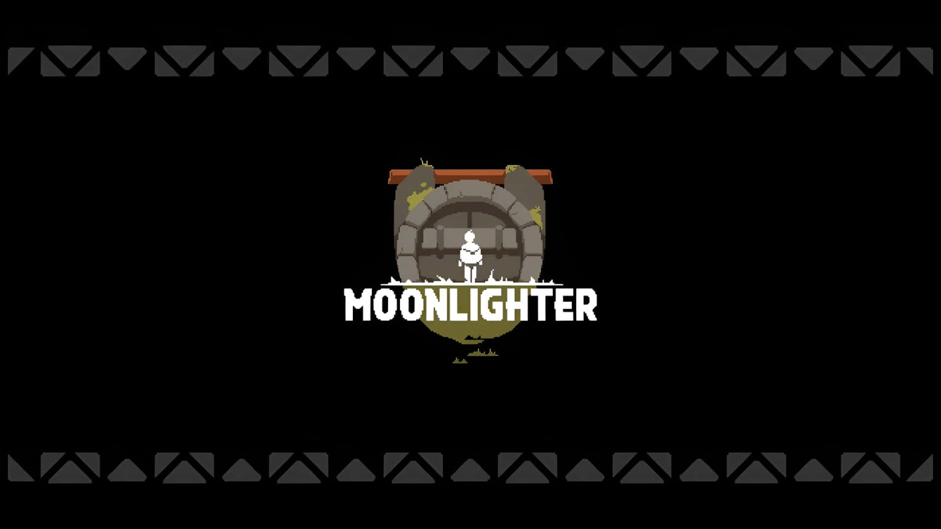  壁紙 — Moonlighter 的極簡像素藝術標誌，黑色背景上有一個孤獨的人物站在石拱門前。