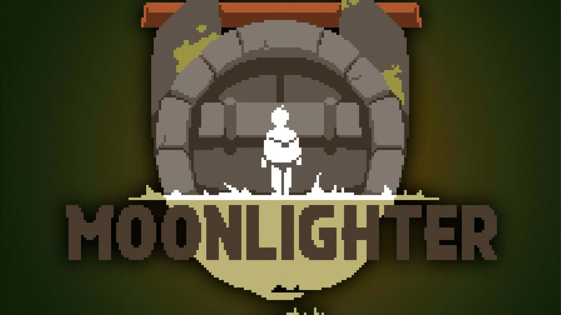  壁紙 — Moonlighter 的像素藝術標誌，白色人物站在石拱門前，下方有遊戲標題文字。
