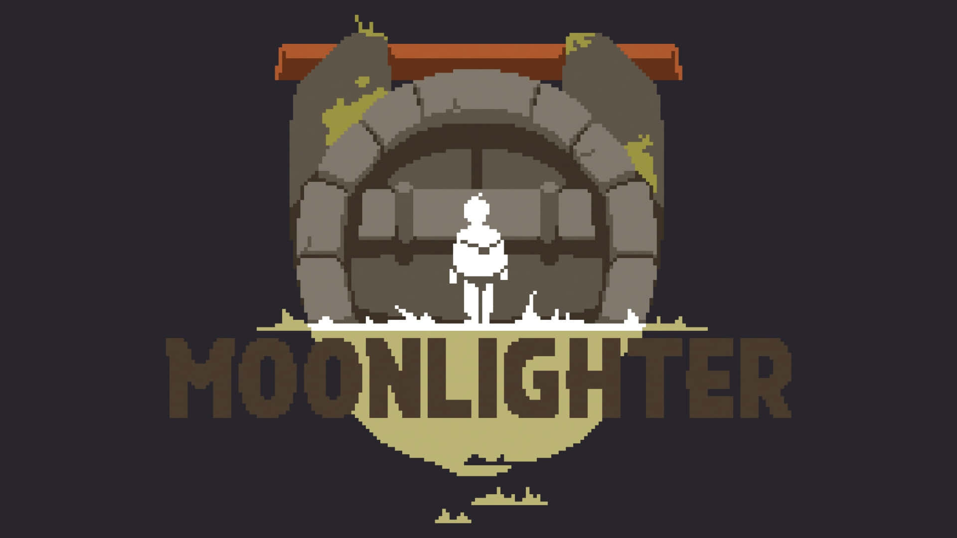  壁紙 — Moonlighter 的像素藝術標誌，白色人物站在石拱門前，下方有遊戲標題。