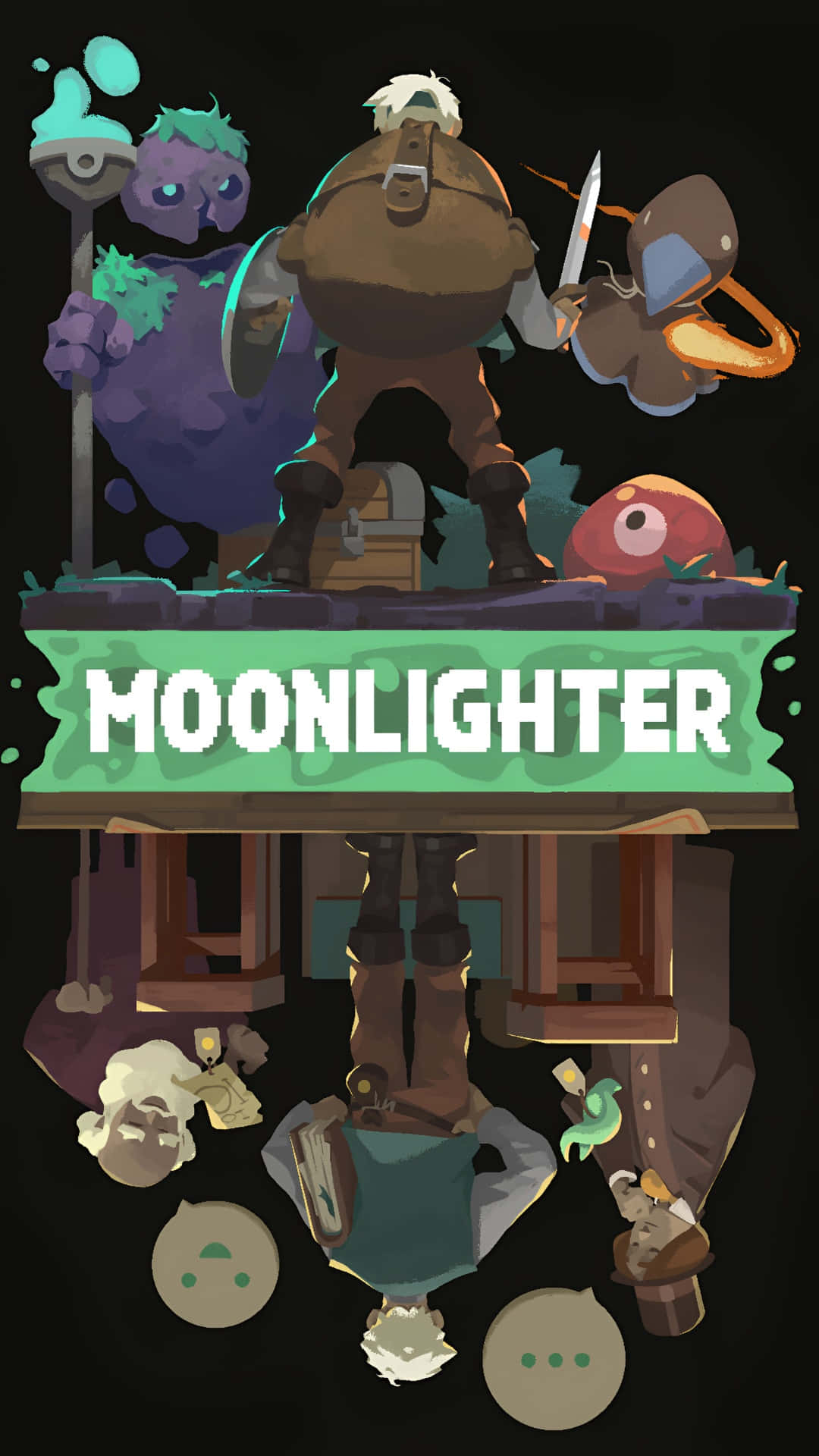  壁紙 — Moonlighter 的風格化遊戲海報，展示一個大型裝甲角色手持劍和盾牌，站在帶有標題的綠色橫幅上，周圍環繞著古怪的怪物，下方有一個翻轉的場景。