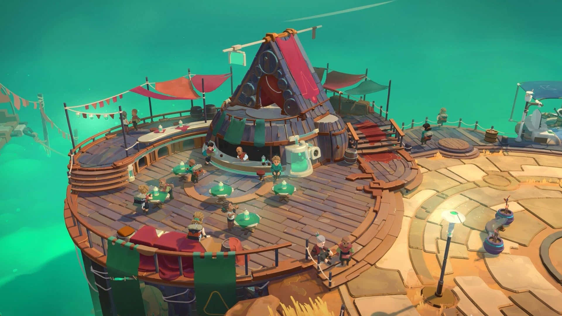 Moonlighter 遊戲中的村莊中心 壁紙 — 一個充滿活力的漂浮茶館，擁有色彩繽紛的帆布，顧客在木甲板上享受飲品，周圍是碧綠的海水。