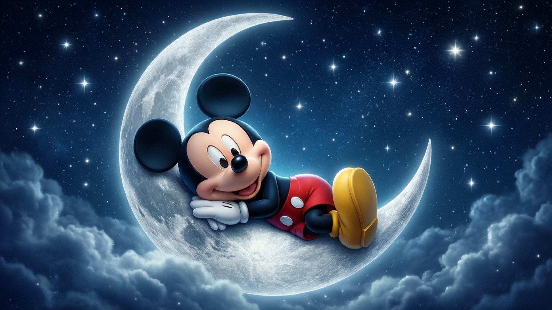 米奇老鼠喺有雲嘅星空夜晚喺新月上休息