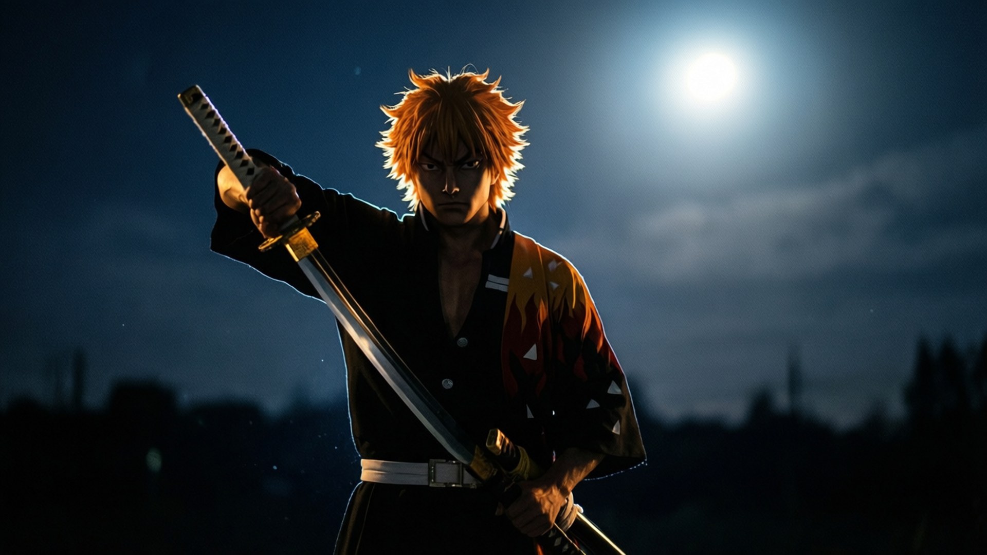動漫武士戰士在明亮的月亮下持刀在夜晚
