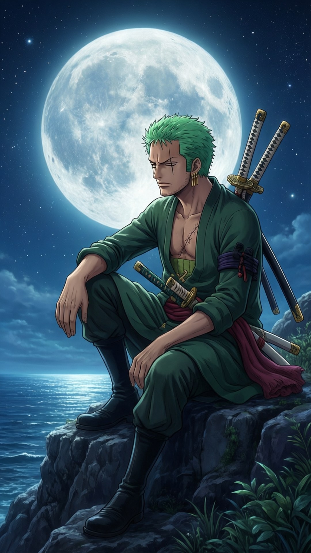 綠髮劍士身穿綠色長袍，在滿月下的夜晚坐在懸崖邊緣俯瞰海洋。