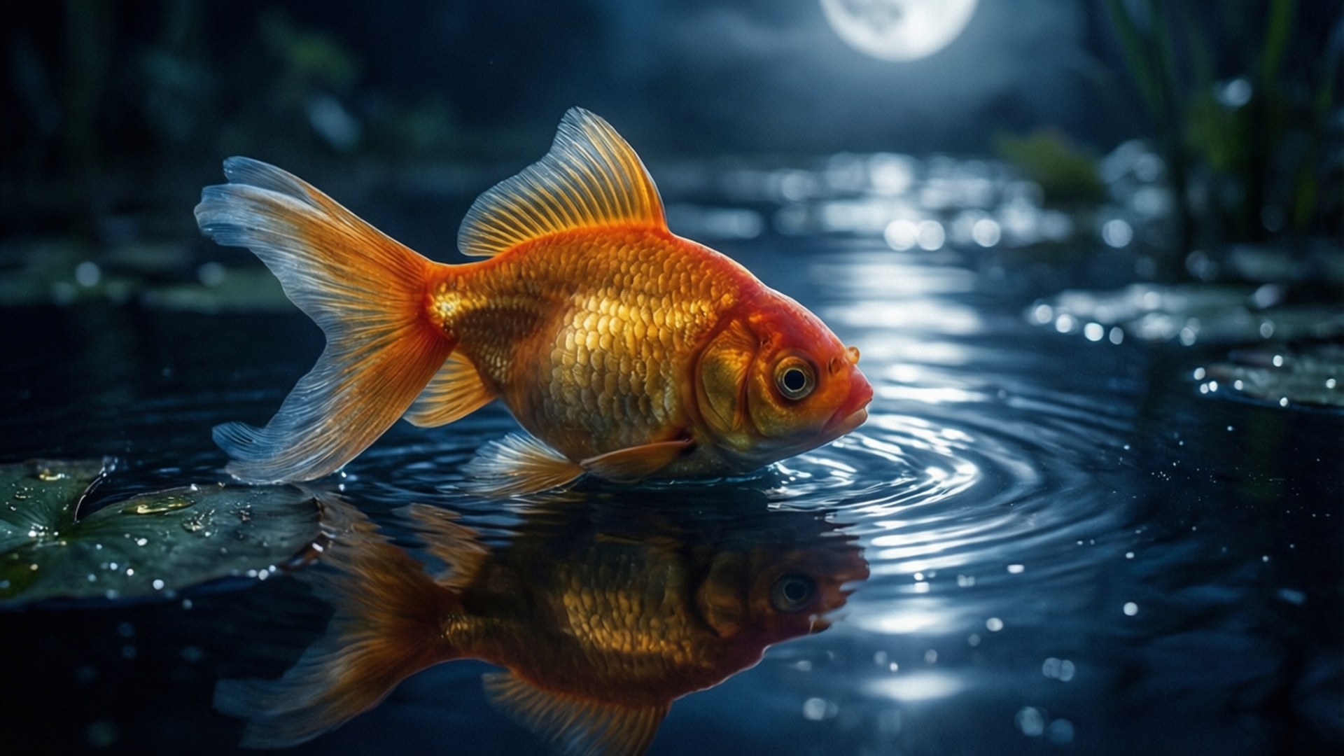 一條金魚在月光照耀的水中游動，周圍有清晰的倒影和漣漪。