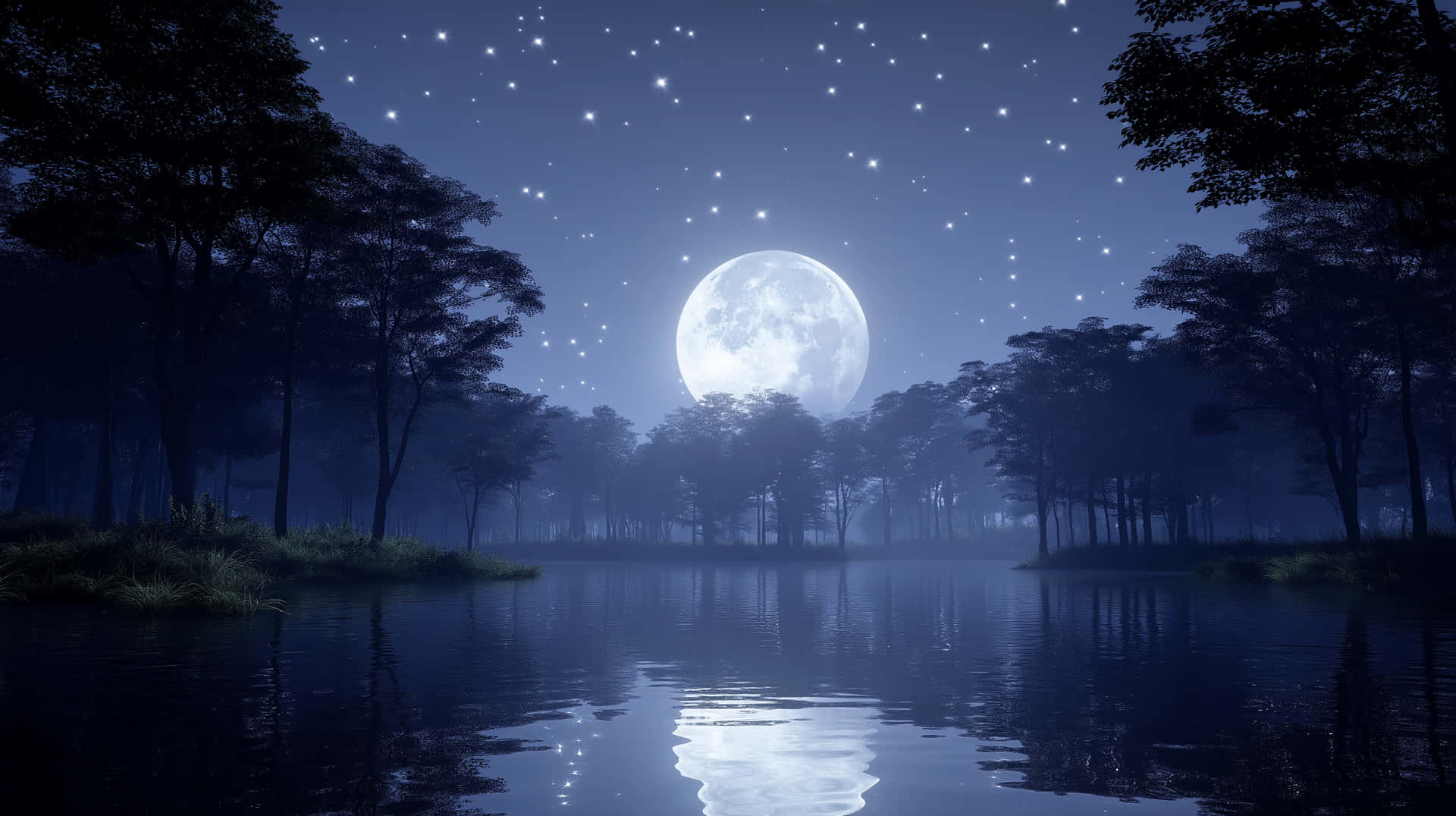 滿月照耀在霧氣瀰漫的森林湖泊上，星空和樹木倒影