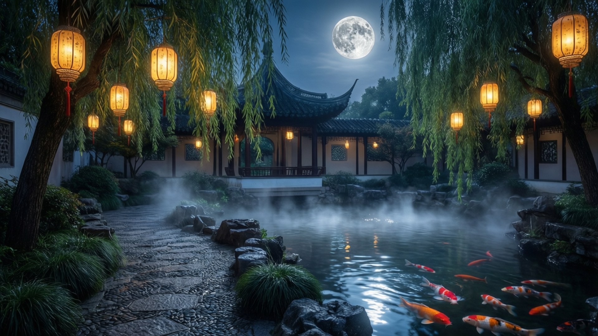 共慶中秋佳節，賞月光下流動的燈籠與寧靜園林景致。