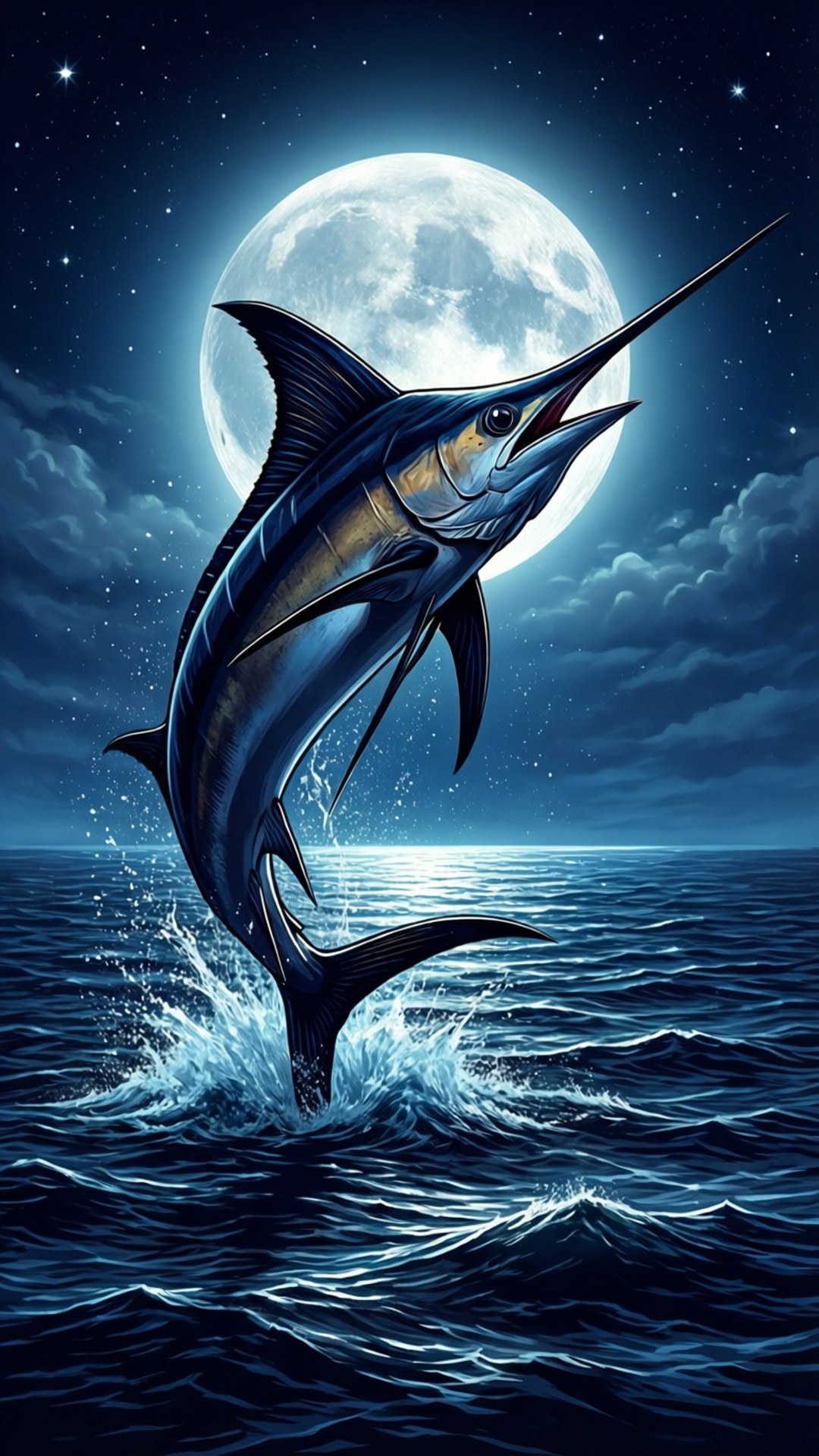 馬林魚在滿月和星空下從海洋躍出