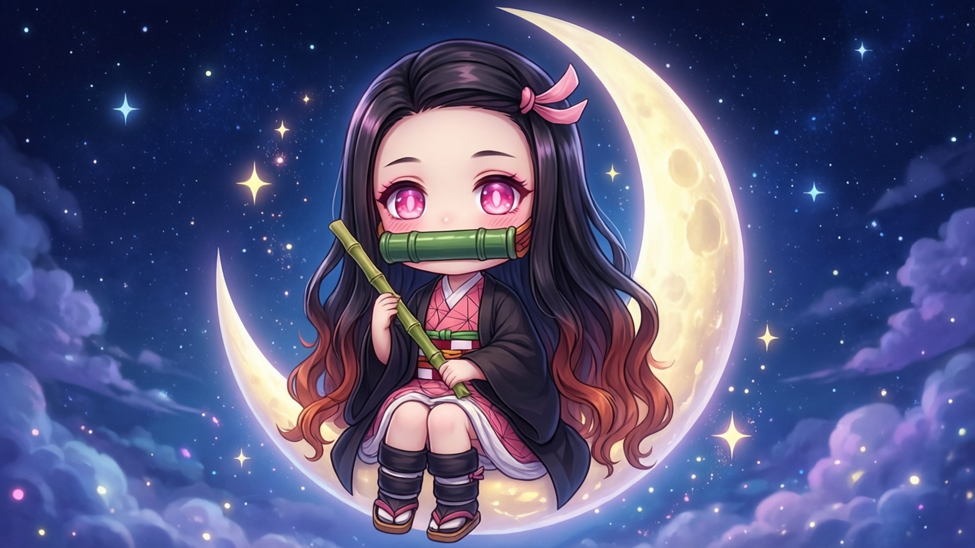 粉紅色眼睛的動漫女孩坐在新月上，在星空下拿著竹笛