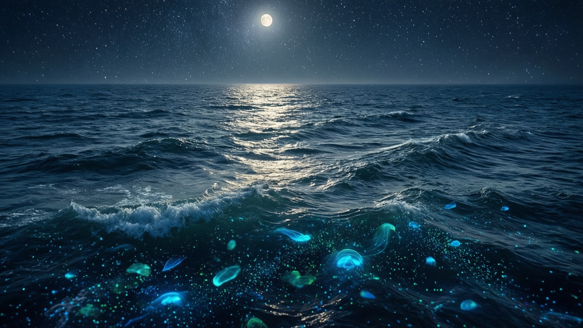 月光下的海洋，發光的水母在星空下漂浮在水面上。