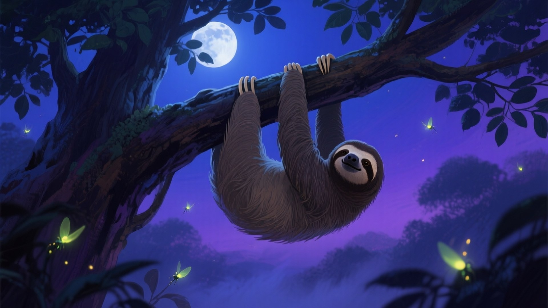 Moonlit Sloth Hanging 壁紙 — 一隻樹懶在滿月下平靜地掛在樹枝上，發光的螢火蟲在暮色叢林中翩翩起舞。