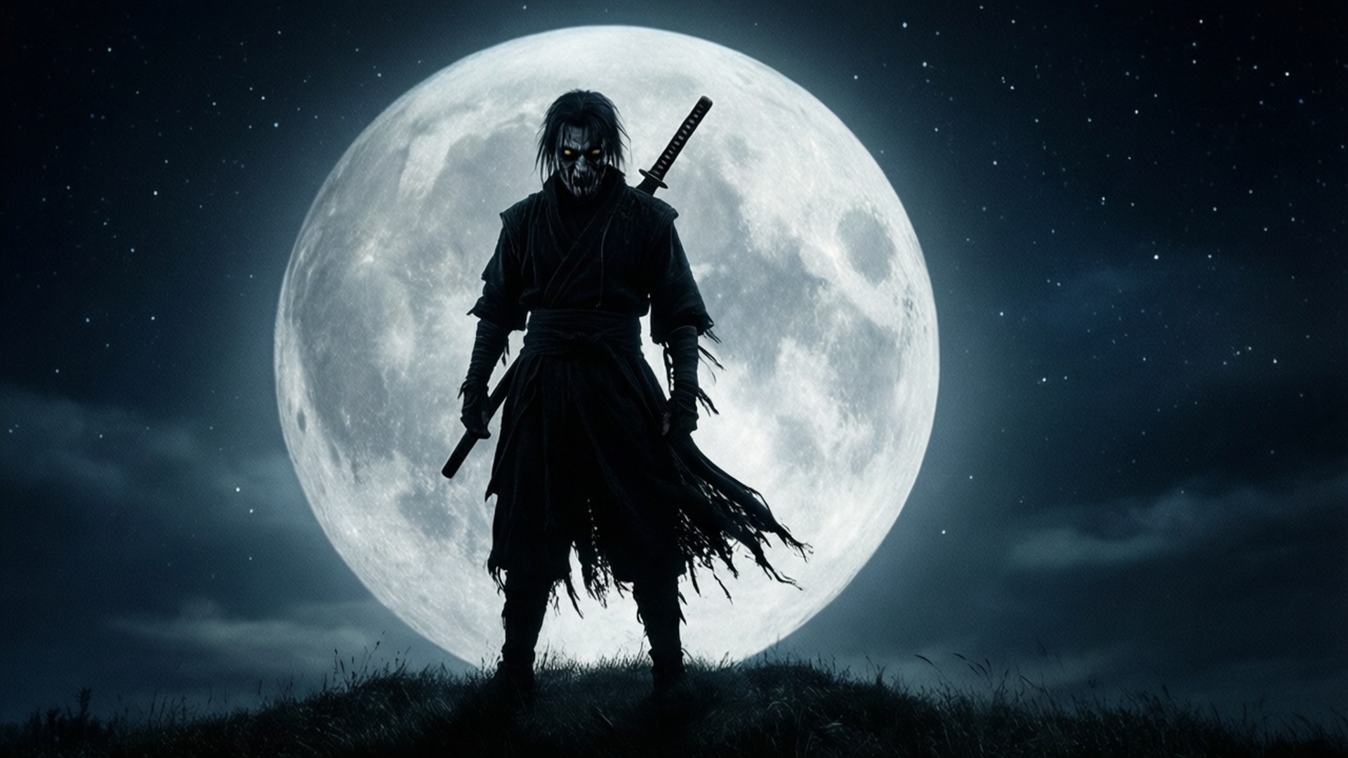 骷髏武士手持劍站在草地上，夜晚滿月下