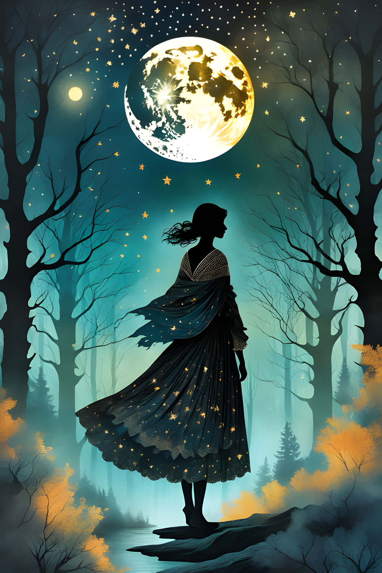 一個身穿星塵長裙的女人在夜晚的月光森林中站立。