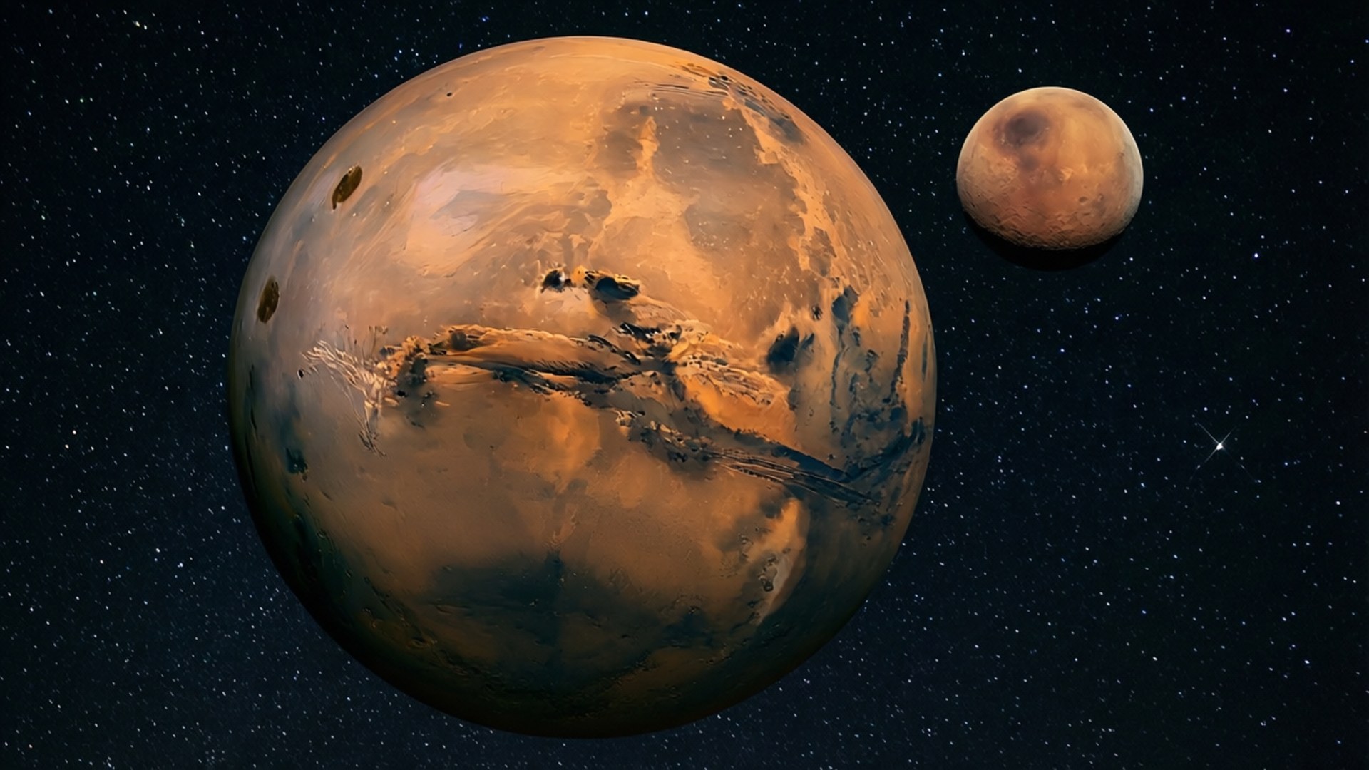 火星及其衛星火衛一在深空星體背景下閃耀。