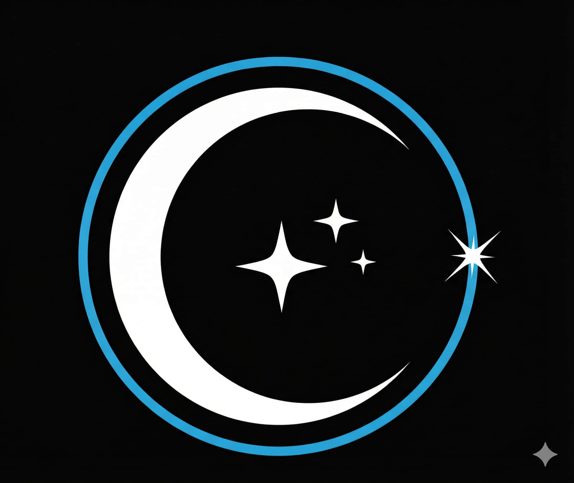MOONSTAR LOGO 壁紙 — 一個極簡標誌，白色新月和四顆星被藍色圓圈包圍，背景為黑色。